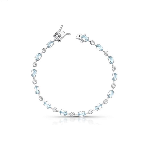 PULSEIRA COM CRISTAIS OVAIS AZUIS E ZIRCÔNIAS BANHADA A RÓDIO BRANCO