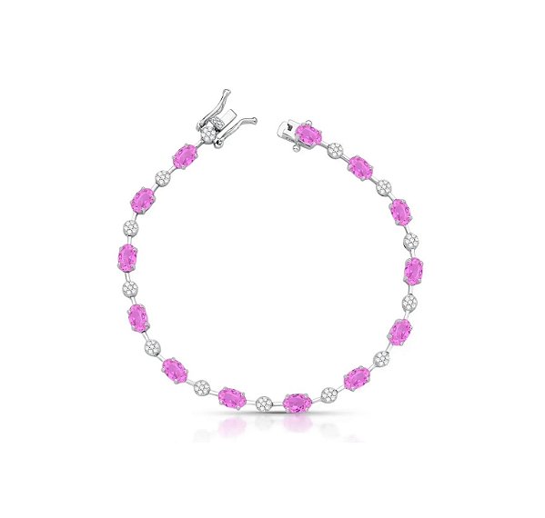 PULSEIRA COM CRISTAIS OVAIS TURMALINA ROSA E ZIRCÔNIAS BANHADA A RÓDIO BRANCO