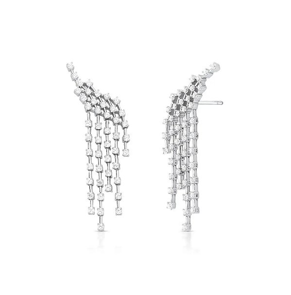 BRINCO EAR CUFF COM CRISTAIS EM PÊNDULO BANHADO A RÓDIO BRANCO