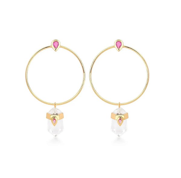 MAXI BRINCO REDONDO COM CRISTAL PÊNDULO BANHADO A OURO