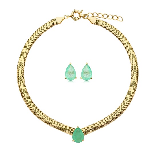 CONJUNTO GOTA ESMERALDA COLOMBIANA FUSION BANHADO A OURO