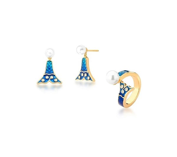 CONJUNTO TEEN DE PÉROLA E CAUDA DE SEREIA AZUL BANHADO A OURO