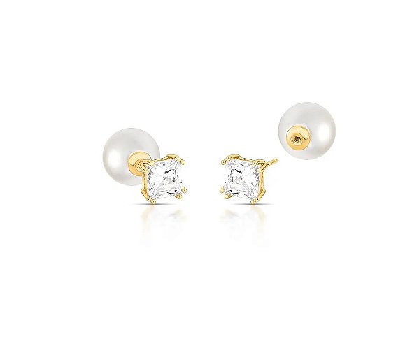 BRINCO EAR JACKET COM CRISTAL QUADRADO E PÉROLA BANHADO A OURO