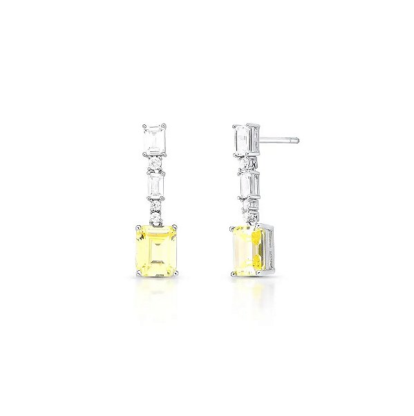 BRINCO PÊNDULO COM CRISTAL RETANGULAR AMARELO BANHADO A RÓDIO