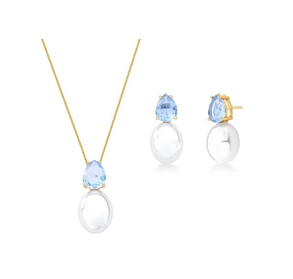 CONJUNTO GOTA AZUL COM PÉROLA SHELL BANHADO A OURO