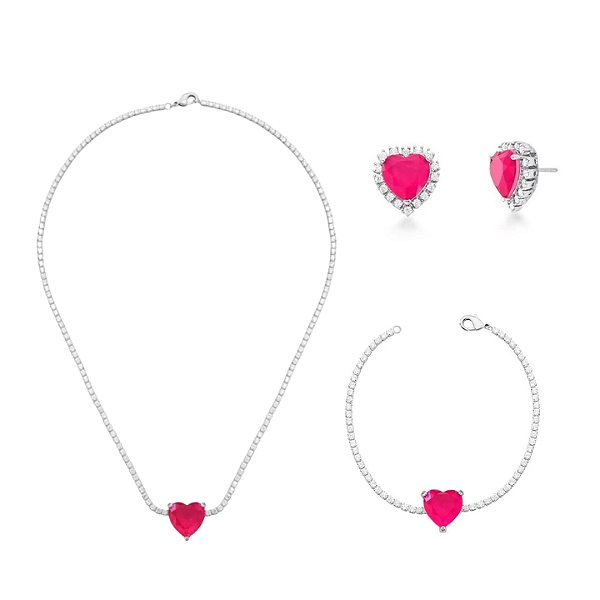 CONJUNTO CORAÇÃO TURMALINA ROSA BANHADO A RÓDIO BRANCO