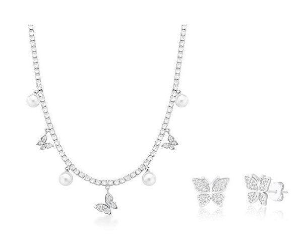 CONJUNTO RIVIERA COM PINGENTES DE PÉROLAS BANHADO A RÓDIO BRANCO