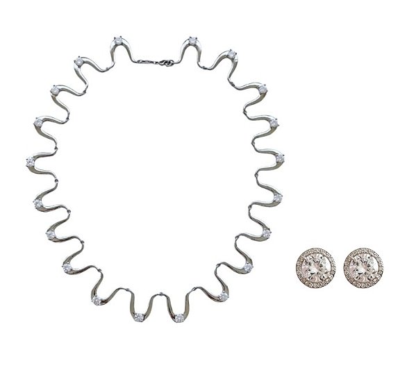 CONJUNTO COLAR ONDAS COM BRINCO REDONDO EM ZIRCÔNIA BANHADO A RÓDIO