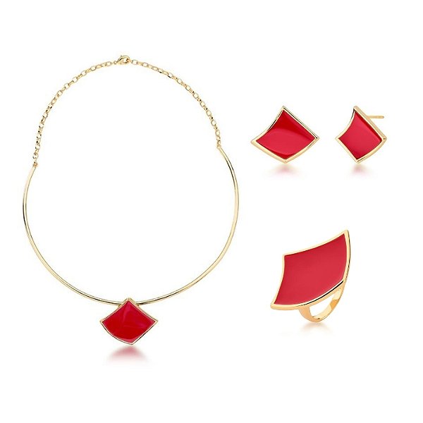 CONJUNTO CHERRY ESMALTADO BANHADO A OURO