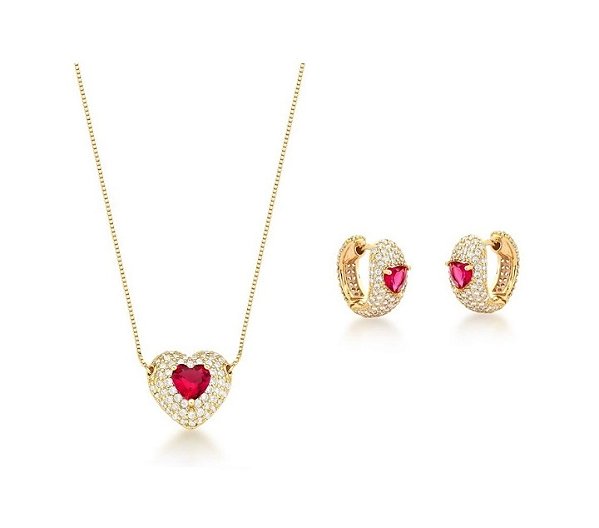 CONJUNTO CORAÇÃO RUBI BANHADO A OURO