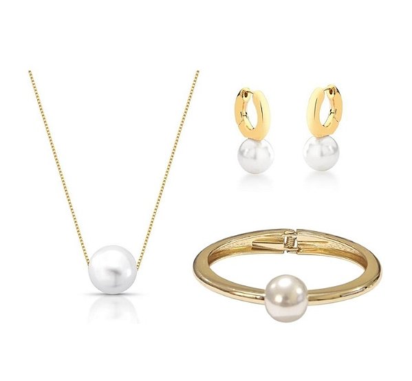 MIX DE PÉROLA COM COLAR, BRINCO E BRACELETE BANHADO A OURO
