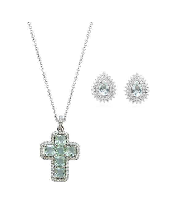 MIX VERDE MENTA COM COLAR CRUCIFIXO E BRINCO GOTA BANHADA A RÓDIO BRANCO