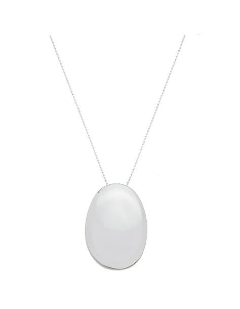 COLAR LONGO COM PINGENTE OVAL LISO BANHADO A RÓDIO BRANCO