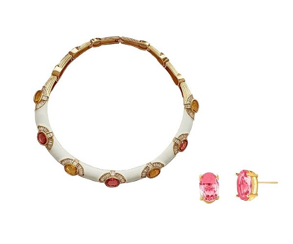 COLAR ARO ESMALTADOS COM ZIRCÔNIAS OVAIS E BRINCO BANHADO A OURO