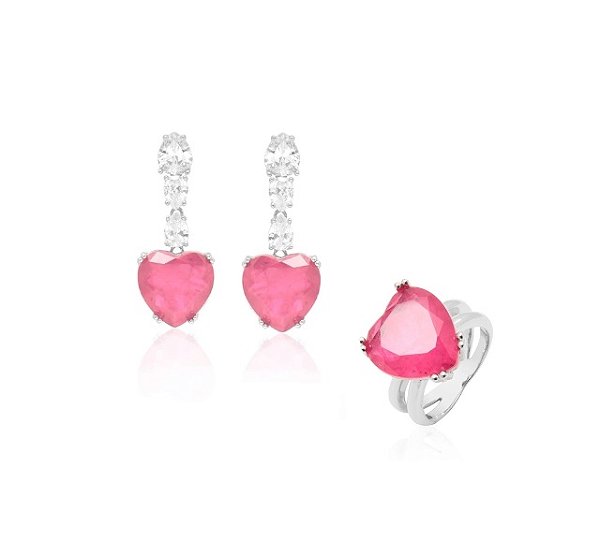 CONJUNTO CORAÇÃO TURMALINA ROSA FUSION BANHADO A RÓDIO BRANCO