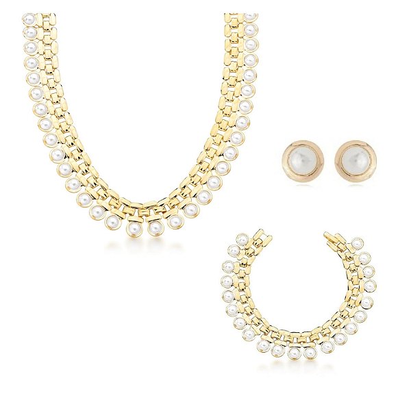 CONJUNTO DE COLAR, BRINCO E PULSEIRA COM FILEIRAS DE PÉROLAS BANHADO A OURO