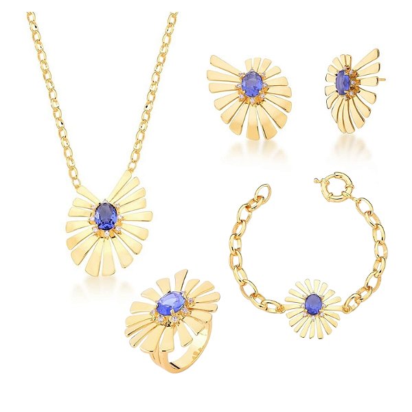 CONJUNTO FOLHAS COM PEDRA OVAL TANZANITA BANHADO A OURO