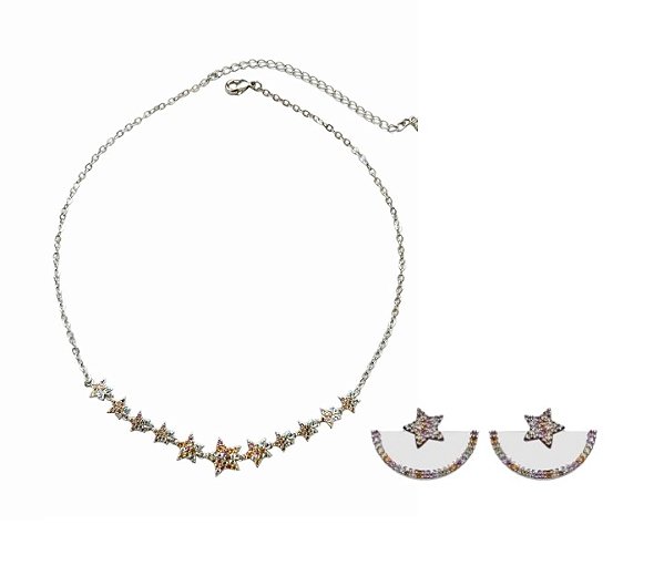 CONJUNTO ESTRELAS COM CRAVAÇÃO COLORIDAS BANHADO A RÓDIO BRANCO