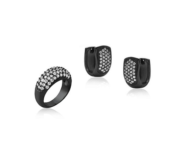 CONJUNTO DE ARGOLA E ANEL CRAVEJADOS BANHADO A RÓDIO NEGRO