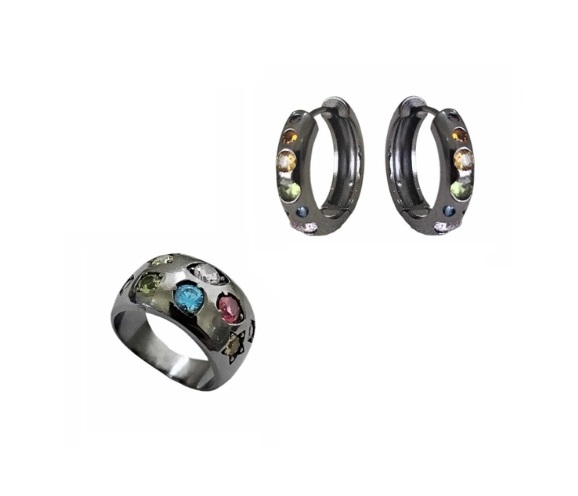 CONJUNTO DE ARGOLA E ANEL CRAVAÇÃO COLORIDA BANHADO A RÓDIO NEGRO