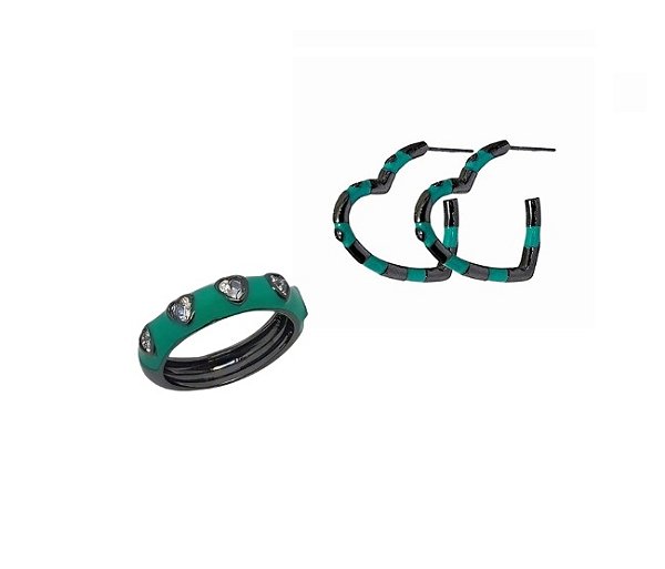 CONJUNTO DE ARGOLA E ANEL ESMALTADO VERDE BANHADO A RÓDIO NEGRO
