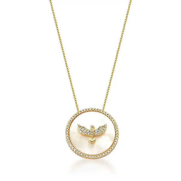 COLAR DIVINO ESPÍRITO SANTO EM MADREPÉROLA E ZIRCÔNIAS BANHADO A OURO