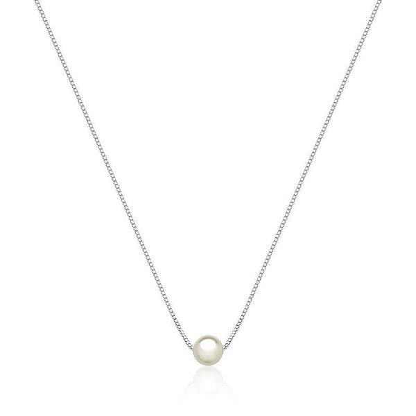 COLAR PÉROLA SOLITÁRIA 6MM BANHADO A RÓDIO BRANCO