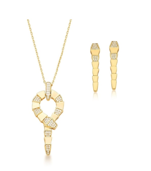 CONJUNTO SERPENTE COM CRAVAÇÃO INTERCALADA BANHADO A OURO