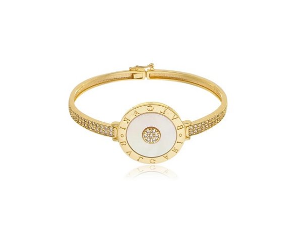 BRACELETE REDONDO EM MADREPÉROLA E ZIRCÔNIAS BANHADO A OURO