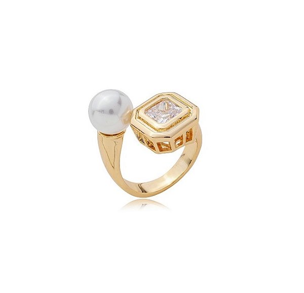 ANEL EM PÉROLA E ZIRCÔNIA RETANGULAR BANHADO A OURO