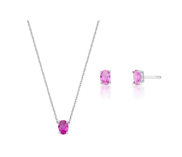CONJUNTO OVAL SAFIRA ROSA BANHADO A RÓDIO BRANCO