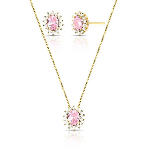 CONJUNTO OVAL PRINCESS KUNZITA BANHADO A OURO