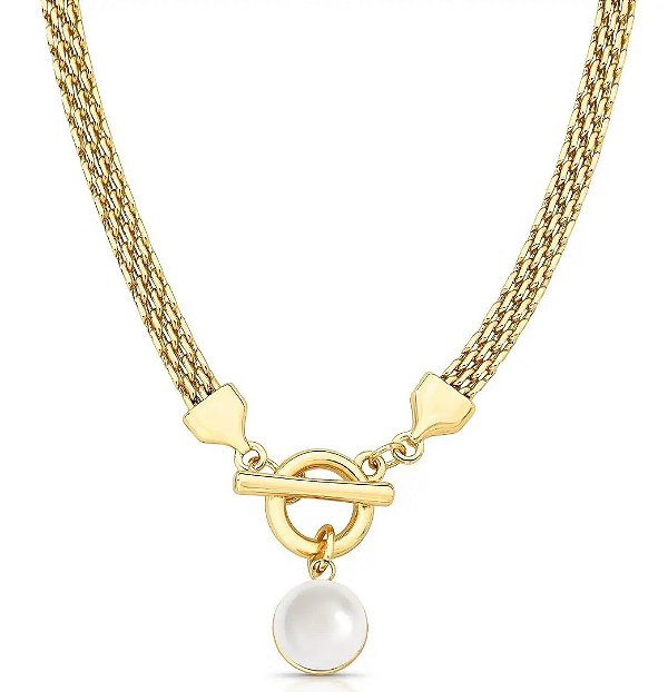 Colar com Pingente Redondo de Pérola e Fecho Trava Banhado a Ouro Vidiè