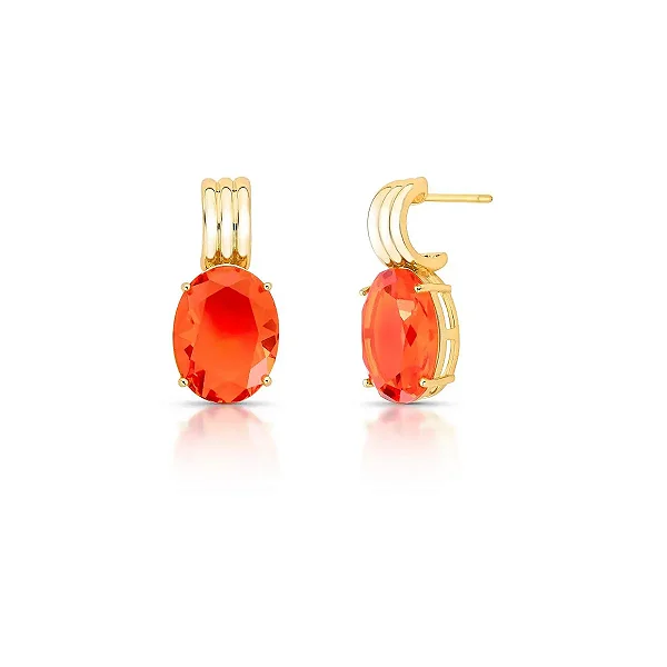 Brinco Três Fileiras Curvas com Cristal Oval Laranja Banhado a Ouro Vidiè