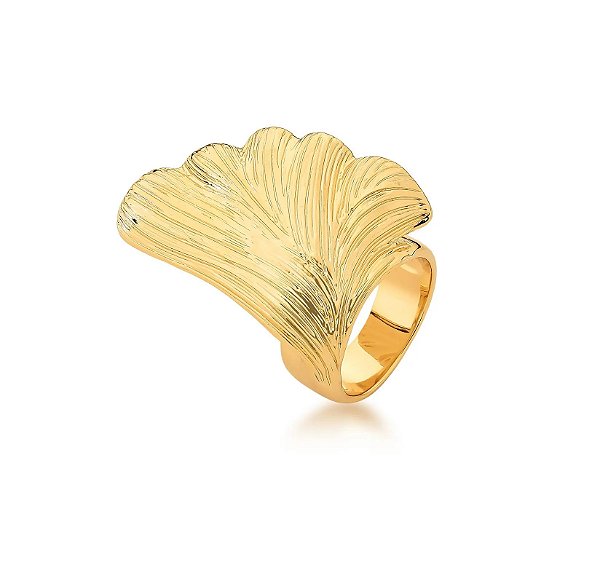 Anel Pétala de Flor Texturizado Liso Banhado a Ouro