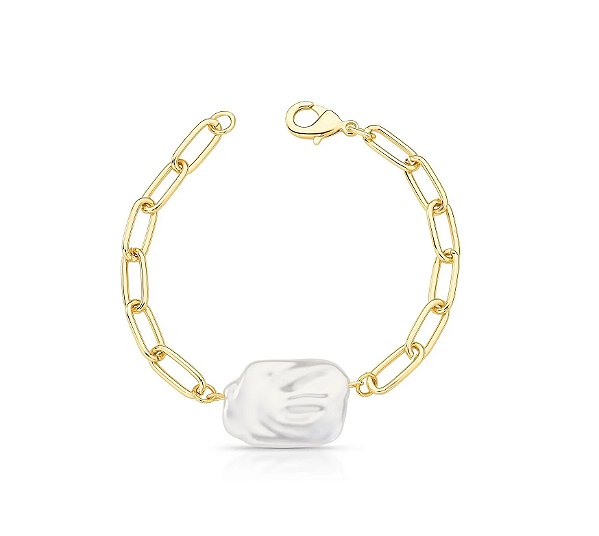 Pulseira com Pingente de Pérola Retangular Banhado a Ouro