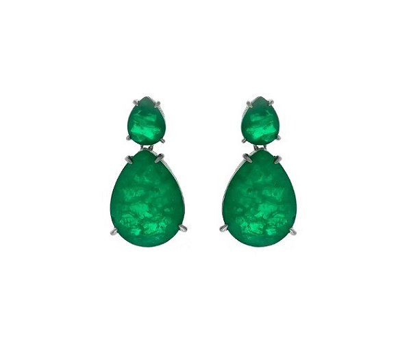 Brinco Gota Dupla em Zircônia Esmeralda Fusion Banhado a Ródio Branco