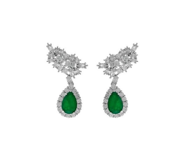 Brinco em Pêndulo Gota em Zircônia Esmeralda Fusion Banhado a Ródio Branco