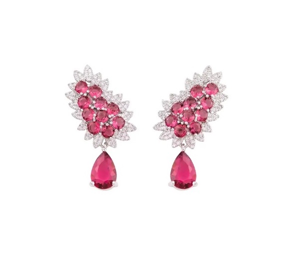 Brinco em Pêndulo Gota Rubelita Banhado a Ródio Branco