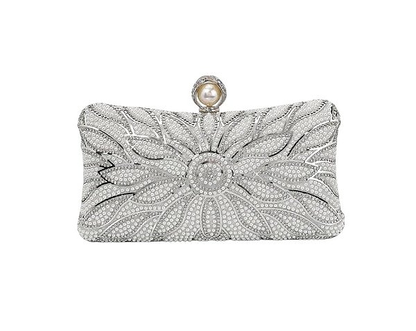 Bolsa Retangular Decorada em Pérolas Prateada