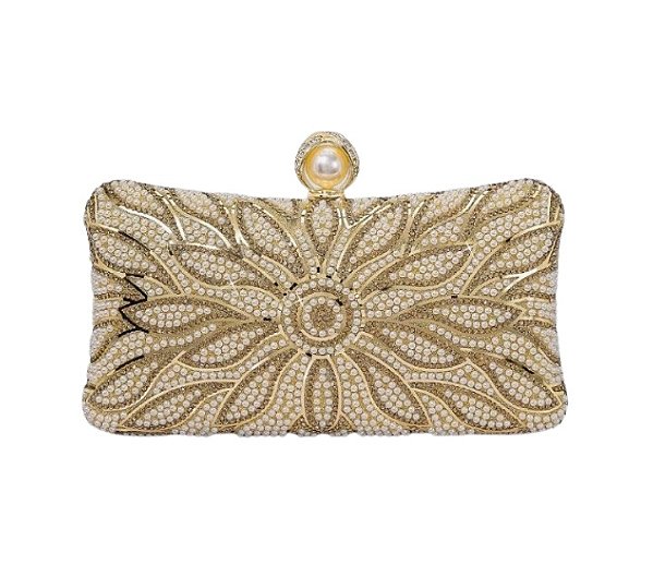 Bolsa Retangular Decorada em Pérolas Douradas