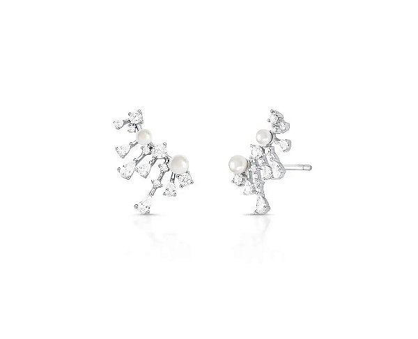 Brinco Ear Cuff com Pérolas e Zircônias Banhado a Ródio Branco