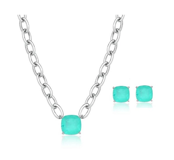 Conjunto Correntaria com Quadrado Turmalina Fusion Banhado a Ródio Branco