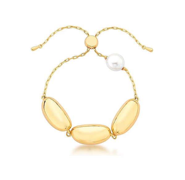 Pulseira com Pingentes Ovais Lisos e Pérola Shell Banhado a Ouro