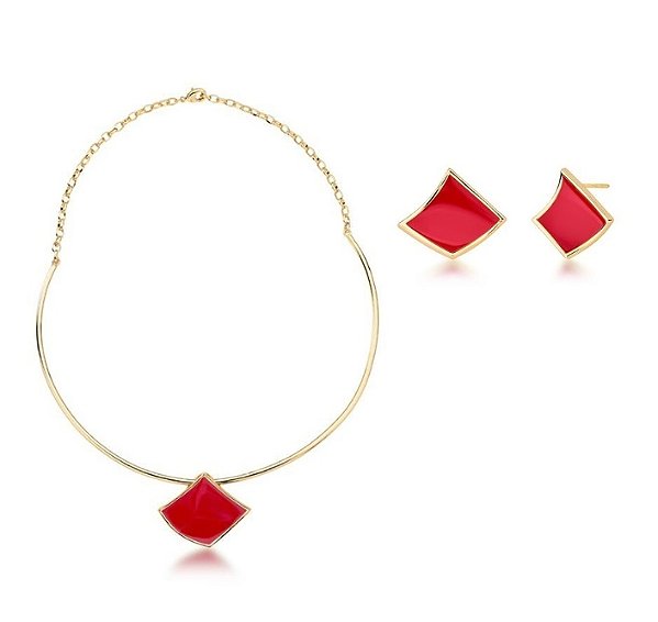 Conjunto Cherry Esmaltado Banhado a Ouro