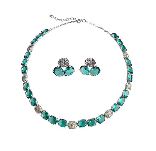 Conjunto Turmalina Intercalado Banhado a Ródio Branco