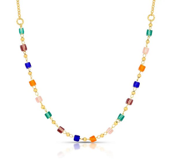 Colar com Cristais Coloridos Banhado a Ouro