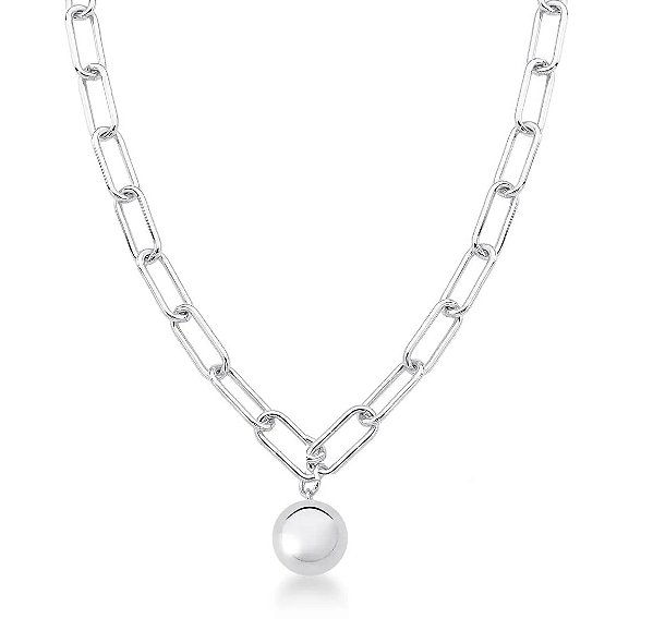 Colar Elos Retangulares Lisos com Pingente Redondo Banhado a Ródio Branco