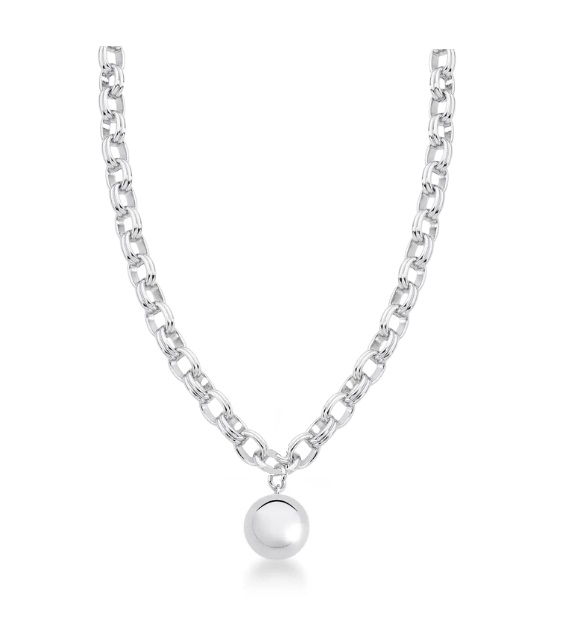 Colar Elos Ovais Lisos com Pingente Redondo Banhado a Ródio Branco