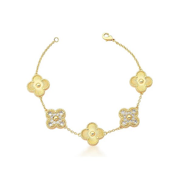 PULSEIRA COM CINCO TREVOS INTERCALADOS CRAVEJADOS BANHADO A OURO